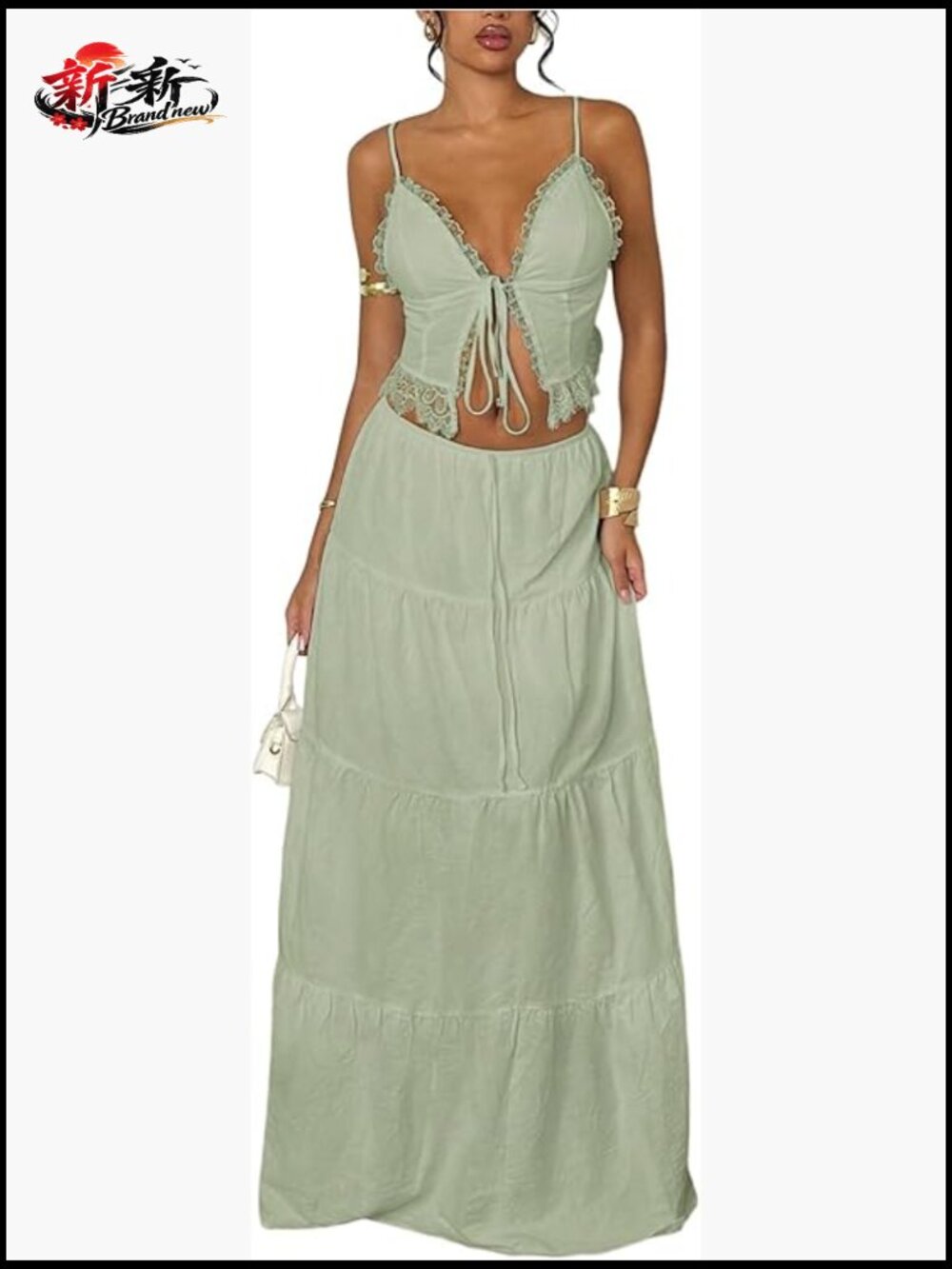 Boho Lace Trim Tie Front Camisole Top Tiered Maxi Skirts Set